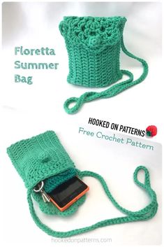 a crocheted cell phone bag is shown in two different colors and has a zippered closure