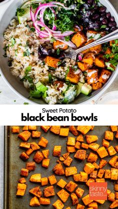 Sweet Potato Black Bean Rice Bowls Sweet Potato Kale Black Bean Bowl, Easy Bowl Meals, Chipotle Bowl Recipe Vegetarian, Meal Bowls Healthy, Grain Bowls Healthy Recipe Ideas, Quinoa Sweet Potato Bowl, Vegetarian Bowl Recipes, Nourish Bowl Recipes, Black Bean Quinoa Bowl