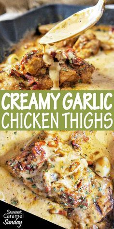 creamy garlic chicken thighs in a skillet