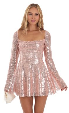 Brooks Sequin Flare Dress in Rose Gold | LUCY IN THE SKY Vestidos Color Rosa, Party Mini Dress, Long Sleeve Sequin Dress, Dress Weights, Sequin Dresses, Semi Formal Dress, Skater Dresses, Flare Mini Dress, Bodycon Fashion