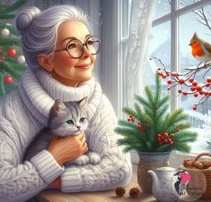 a painting of an older woman holding a cat next to a christmas tree and bird