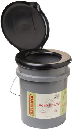 a large gray bucket with lid open and the lid opened to reveal a black lid