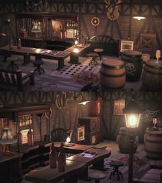 a room filled with lots of wooden furniture and tables next to barrels full of beer