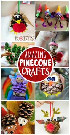 some pinecone crafts are shown with the words amazing pinecone crafts on them