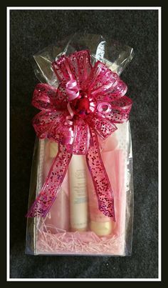 a pink gift set in a clear box