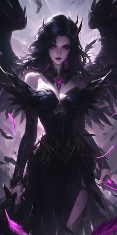 an illustration of a woman with wings on her chest and purple feathers around her shoulders