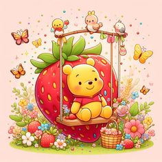 winnie the pooh on a swing with flowers and butterflies around it, in front of a pink background