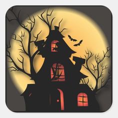 a spooky house with bats and full moon in the background