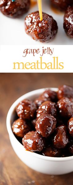 grape jelly meatballs in a white bowl with toothpicks sticking out of them