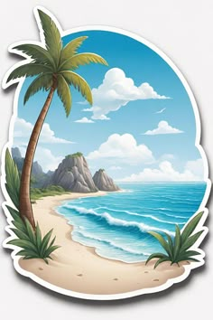 an image of a tropical beach scene with palm trees and the ocean in the background