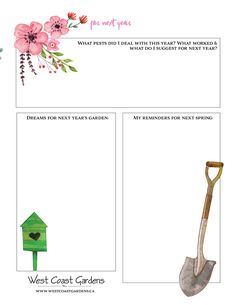 an image of a garden brochure with flowers and gardening tools on it, including a shovel