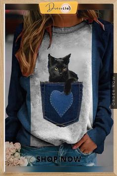 Casual Cat Long Sleeve Crew Neck Printed Tops Sweatshirts Print Sweater Outfit, Women's Hoodies, Pocket Pattern, Sweatshirts Online, Women Hoodies Sweatshirts, Casual Streetwear, Printed Sweater, Cat Print, Long Sleeve Casual