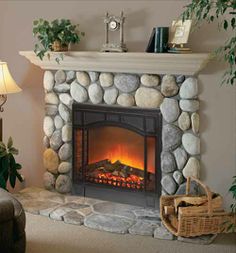 a living room with a fire place in the center and a basket on the floor