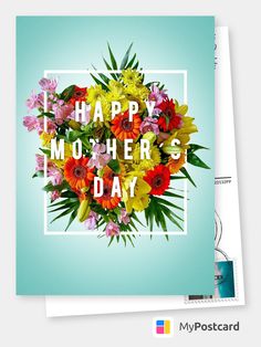 a bouquet of flowers with the words happy mother's day written in white on a blue background