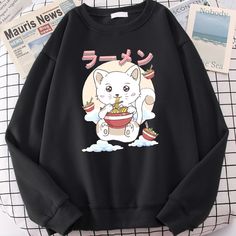 Keep your street style cool 'n' cozy with this Kawaii Ramen Eating Cat Sweatshirt! Make mealtime even more purr-fect with this adorable Kawaii Ramen Eating Cat Sweatshirt! Whether you're sipping soup or snuggling up, you'll love the comfy look and feel of this kitty-themed pullover. Who could resist that sweet face?! Meow-nificent! Kawaii Long Sleeve Top With Cat Design, Casual Long Sleeve Hello Kitty T-shirt, Casual Long Sleeve T-shirt With Hello Kitty Print, Casual Cat Print Sweatshirt For Streetwear, Kawaii Black Sweatshirt With Graphic Print, Black Kawaii Sweatshirt With Graphic Print, Kawaii Long Sleeve Tops With Cat Print, Kawaii Long Sleeve Cat Print Top, Kawaii Graphic Print Crew Neck Sweatshirt