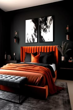 Monochrome bedroom with a pop of rust on bed and wall art. Vibe Bedroom, Colorful Interior Design, Bunk Bed Designs, Bedroom Orange, Bed Design Modern, Black Bedroom