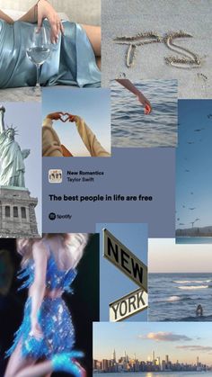 there is a collage of photos with the statue of liberty in them and words that spell out new york