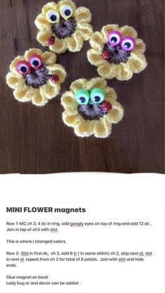 four crocheted flowers with googly eyes are shown in the middle of an article