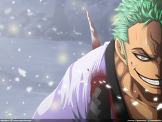 an anime character with green hair and white teeth in front of snow covered ground, looking at the camera