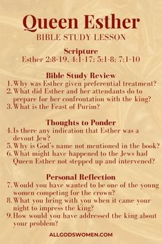 the queen esther bible study lesson is shown in red and gold with an orange background