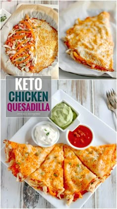 keto chicken quesadilla recipe on a white plate with salsa and sour cream