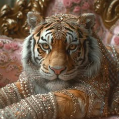 a close up of a tiger laying on top of a bed covered in gold sequins