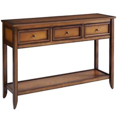 a wooden console table with three drawers on one side and two shelves on the other