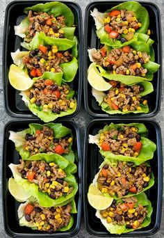 four lettuce wraps filled with ground beef and vegetables