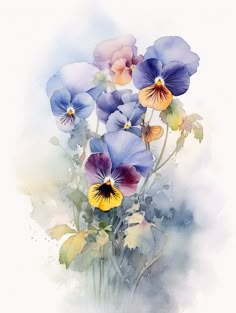 watercolor painting of purple and yellow pansies