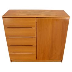 a wooden cabinet with five drawers on one side and two doors on the other end