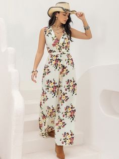 Women's Printed Sling Jumpsuit - Fashionable and Comfortable - White,XL Beige Sleeveless Jumpsuits And Rompers For Vacation, Sleeveless Floral Print Jumpsuits, Sleeveless Non-stretch Floral Jumpsuits And Rompers, Non-stretch Floral Jumpsuits And Rompers For Vacation, Beige Floral Print Jumpsuits And Rompers For Spring, Casual White One-piece Jumpsuit, Spring Beige Floral Print Jumpsuits And Rompers, White Printed Overall Jumpsuits And Rompers, Neck Details