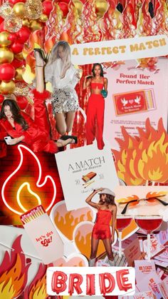 a collage of photos with red and gold decorations on it, including the bride's name