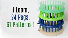 four plastic pet toys stacked on top of each other with the text, 1 loom, 24 pegs 61 patterns