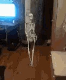 a skeleton is standing in front of a television