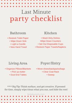 the last minute party checklist is in red and white with polka dots on it