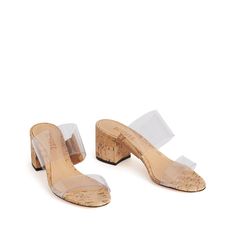 Victorie Low Heel Sandal in Natural Cork & Vinyl | Schutz Shoes – SCHUTZ Pink Mules, Rubber Patch, Cork Heels, Low Heel Sandals, Clear Heels, Mule Sandals, Pumps Flat, Pump Sandals, Rubber Heels