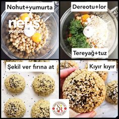 four pictures showing different types of food being made in a food processor, including cookies and cereals