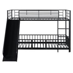 a black metal bunk bed with stairs