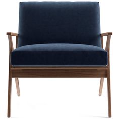 an upholstered blue chair with wooden legs and arms, viewed from the front