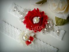 Beautiful, Vintage Inspired Garter Set © 2013 Tidesigns  ** To receive 10% off from your orderjoin us on Facebook!!  Simply copy and paste the link below: https://www.facebook.com/pages/TIdesigns-Beautiful-Accessories/204686906293489?ref=hl   ~~ Important ~~ Please make sure to leave your thigh measurement in "Note to seller" during checkout & please mention your wedding date to ensure timely delivery. This gorgeous garter set is made with beautiful ivory lace (stretchable). It is decorated with Rhinestone Applique Embellishments, Thigh Measurement, Red Garter, Crystal Garter, Rhinestone Garter, Bridal Garters Set, Wedding Garter Set, Fashion Tape, Shabby Flowers