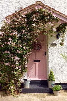 a pink door and some potted plants on the side of a white building with flowers growing over it