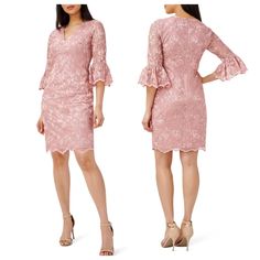 Adrianna Papell Floral Embroidered Sheath Dress In Rose New With Tags Size 4 Retails $189 Embroidered Flowers Add Elegant Dimension To This Dainty Sheath With Bell-Cuffed, Elbow-Length Sleeves And A Scalloped Trim. V-Neck Elbow-Length Sleeves Lined 100% Polyester Dry Clean Approx. 17" From Armpit To Armpit, 29" Waist, 38" Hip, 37" Length Fitted Floral Embroidered Lace Dress, Fitted Embroidered Lace Dress, Embroidered Fitted Lace Dress, Fitted Sheath Dress With Floral Embroidery, Feminine Fitted Embroidered Dress, Spring Embroidered Fitted Lace Dress, Adrianna Papell Dresses, Scalloped Trim, Elbow Length Sleeve