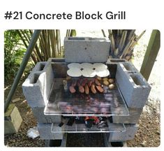 an outdoor grill with food cooking on it and the caption reads, 21 concrete block grill