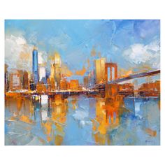 an abstract painting of a cityscape with water and sky in the foreground