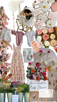 a collage of flowers, clothing and other items