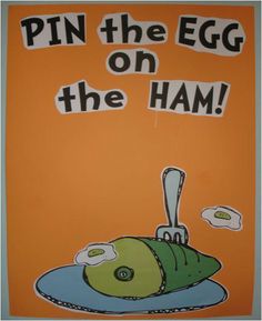 a poster with an egg on the ham written in black and white letters, against an orange background