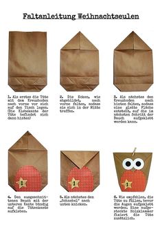 the instructions for how to make an origami owl with brown paper and eyes