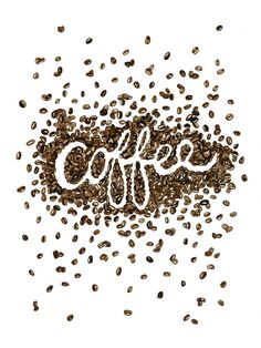 the word coffee spelled out from seeds on a white background