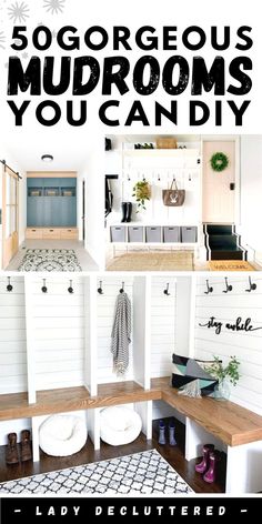 the front and side of a mudroom with text overlay that reads 50 gorgeous mudrooms you can diy