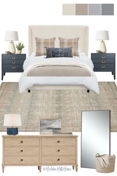 Lake house bedroom decor with navy blue and beige tones Navy Bedding Master, Navy And Beige Bedroom Ideas, Bedrooms With Beige Headboard, Navy Upholstered Bed Decor Ideas, Navy And White Master Bedrooms Decor, Master Bedrooms Decor Modern Coastal, Mood Board Master Room, Bedroom With Navy Rug, Primary Bedroom Transitional